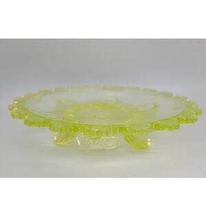Antique Indiana Tumbler Uranium Vaseline Glass Dewey Pattern 3-Foot Plate 7.75"